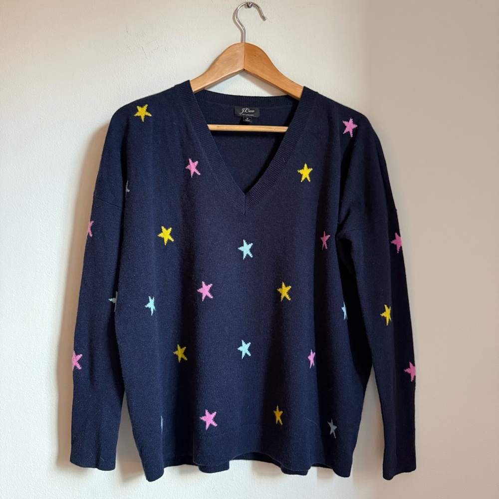 J. Crew Cashmere 100% Navy V-Neck Sweater with Star Accents Size S
